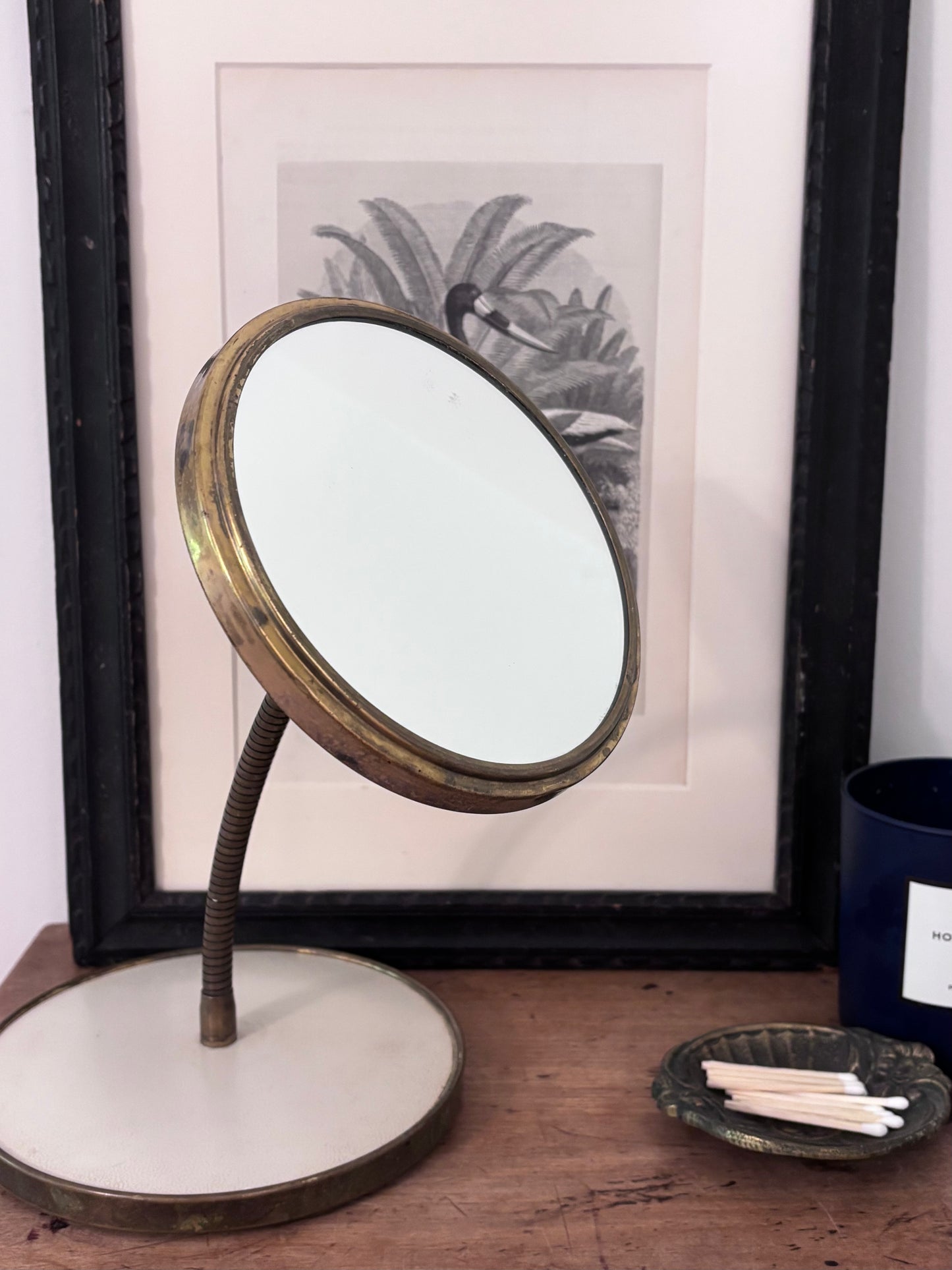 Vintage Double-sided Brass Table Mirror with Leather