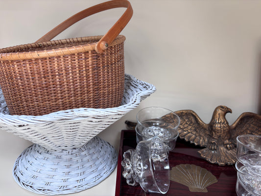 Vintage Rattan Wicker Large Centerpiece Scallop-edge Bowl