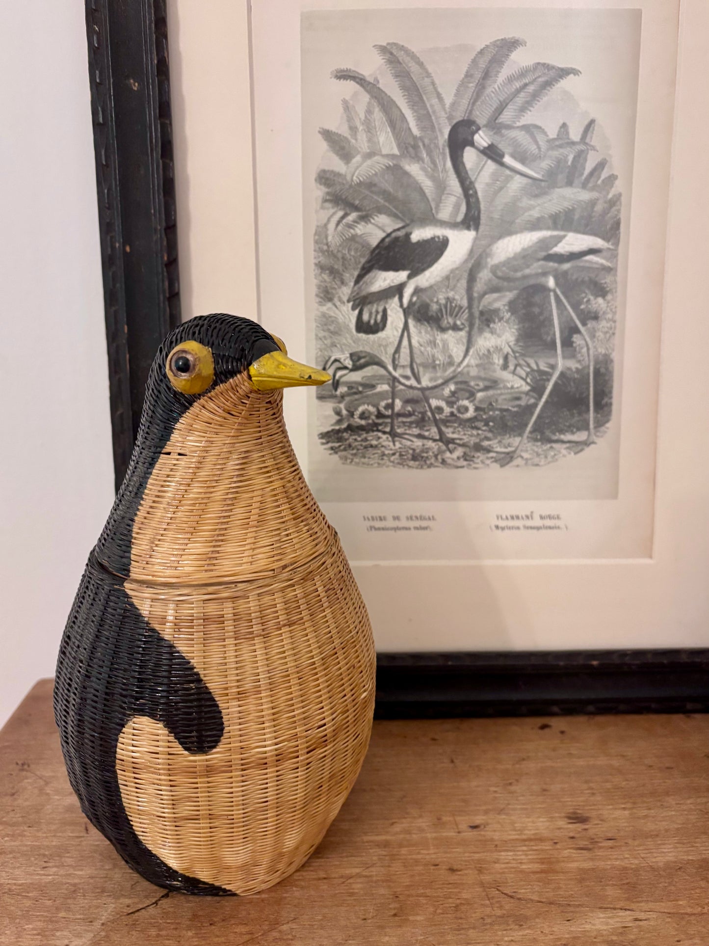 Vintage Rattan Woven Penguin Lidded Basket