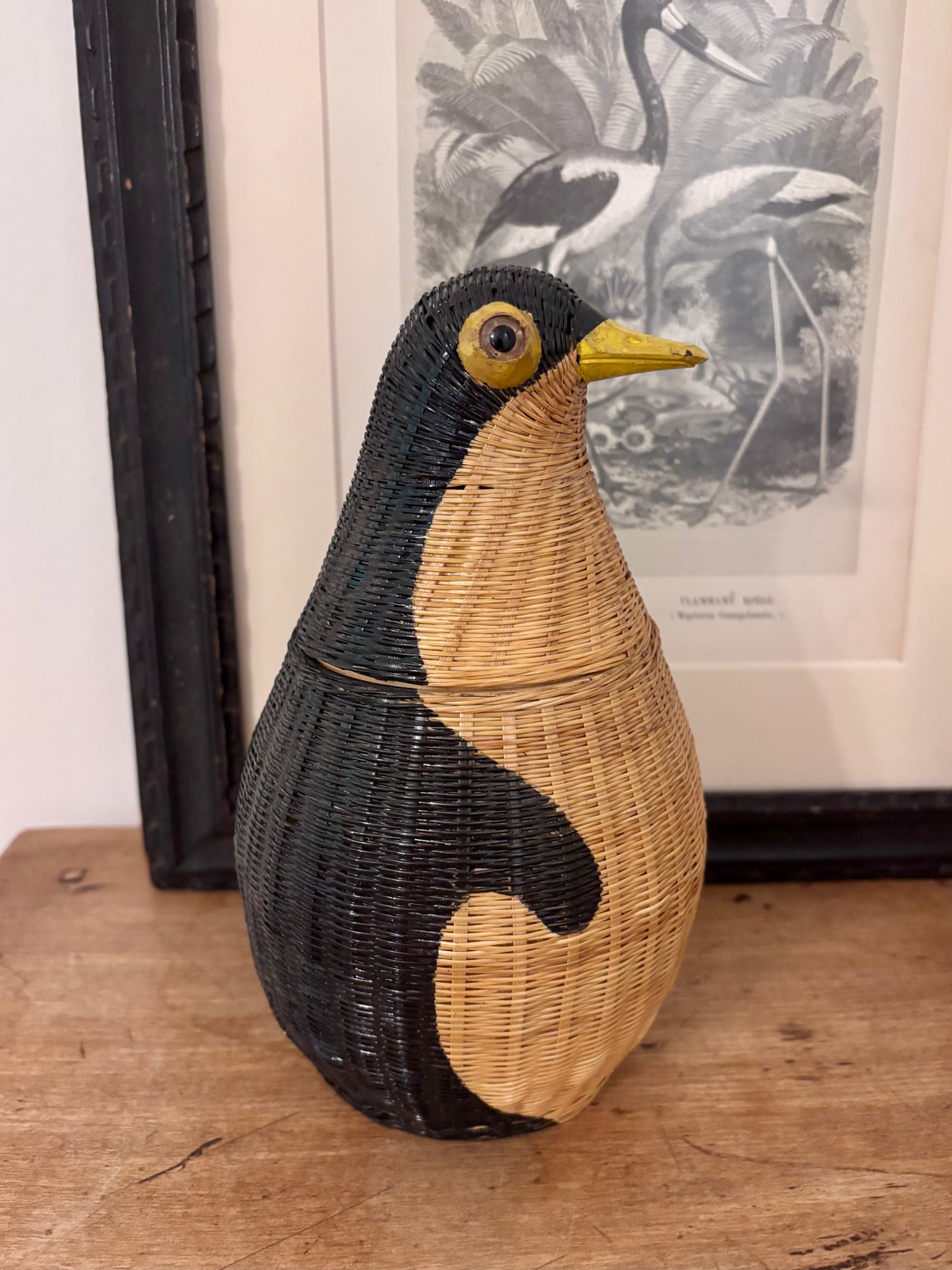 Vintage Rattan Woven Penguin Lidded Basket