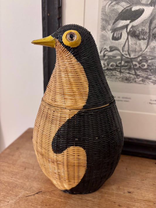 Vintage Rattan Woven Penguin Lidded Basket