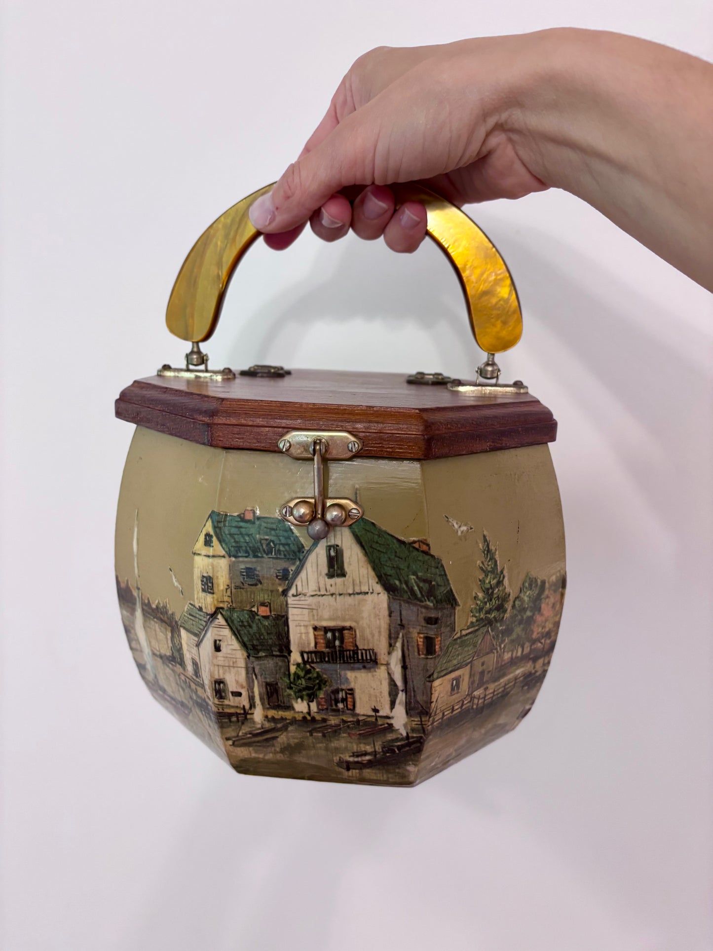 Vintage Wooden Decoupage Coastal Scene Handbag