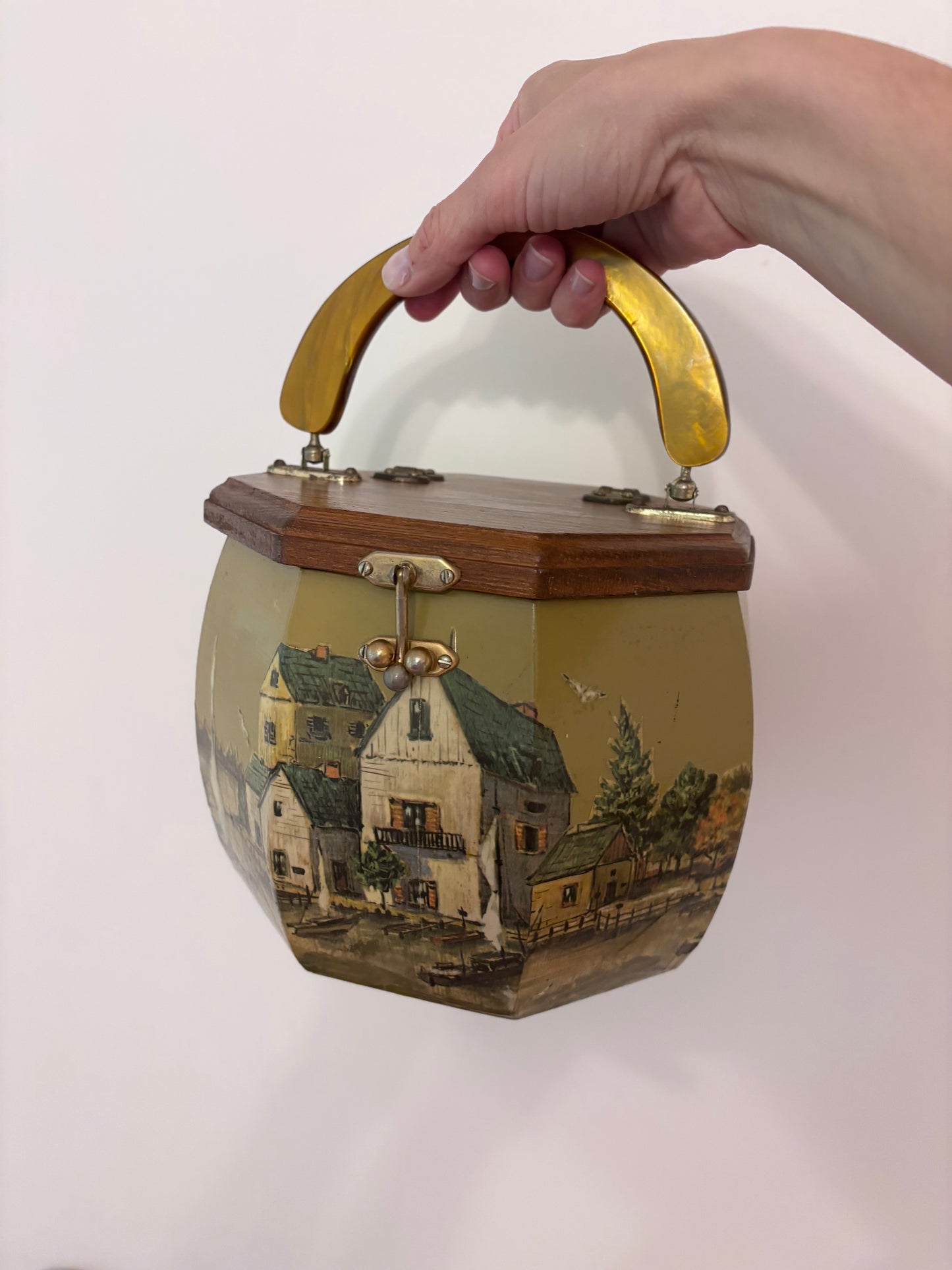 Vintage Wooden Decoupage Coastal Scene Handbag