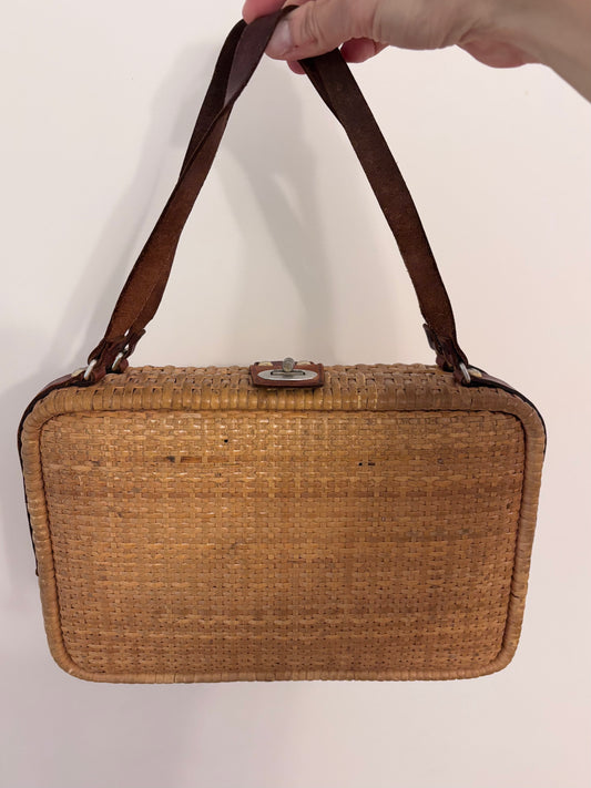 Vintage Wicker Basket Purse With Leather Straps