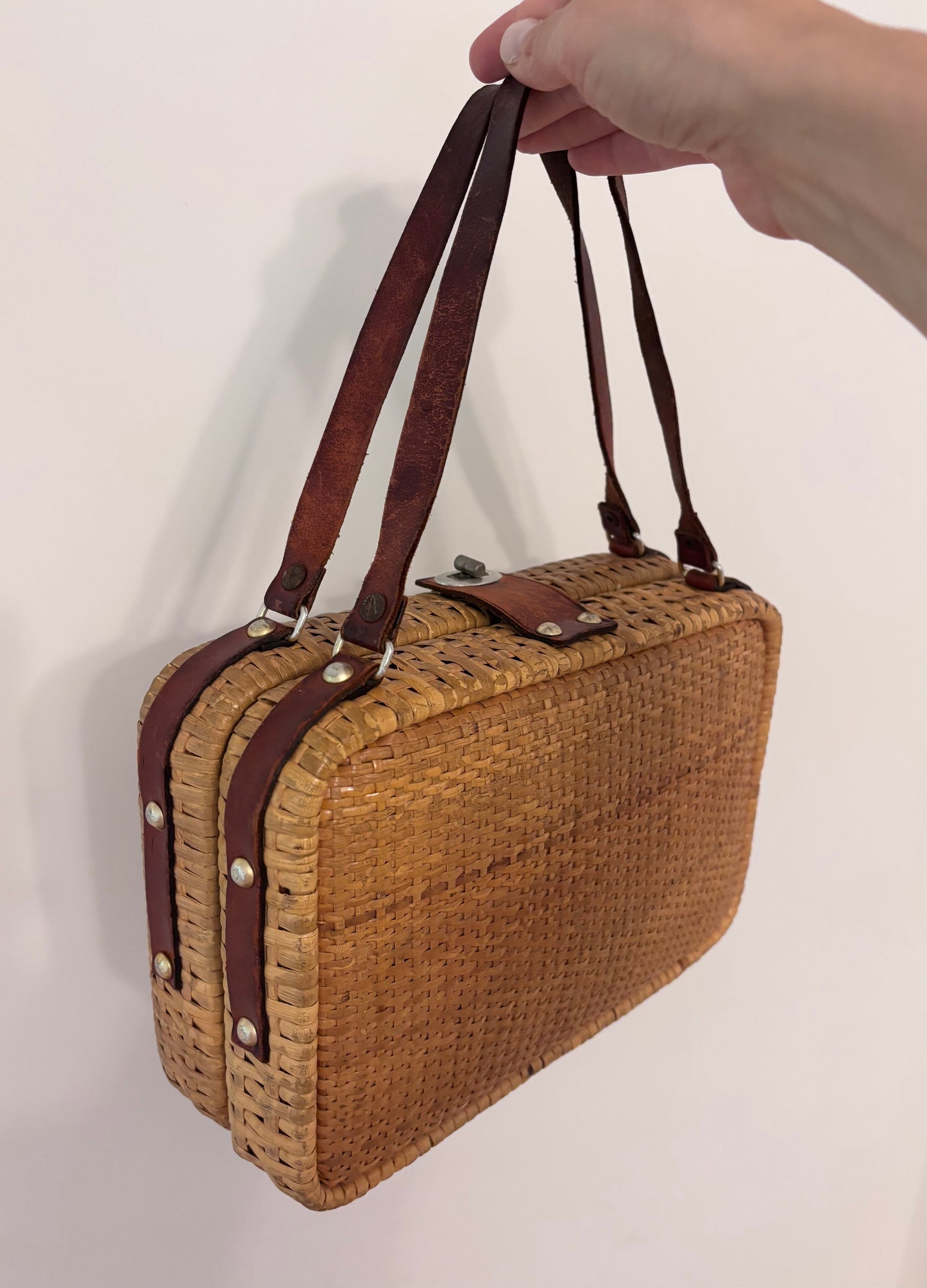 Vintage Wicker Basket Purse With Leather Straps