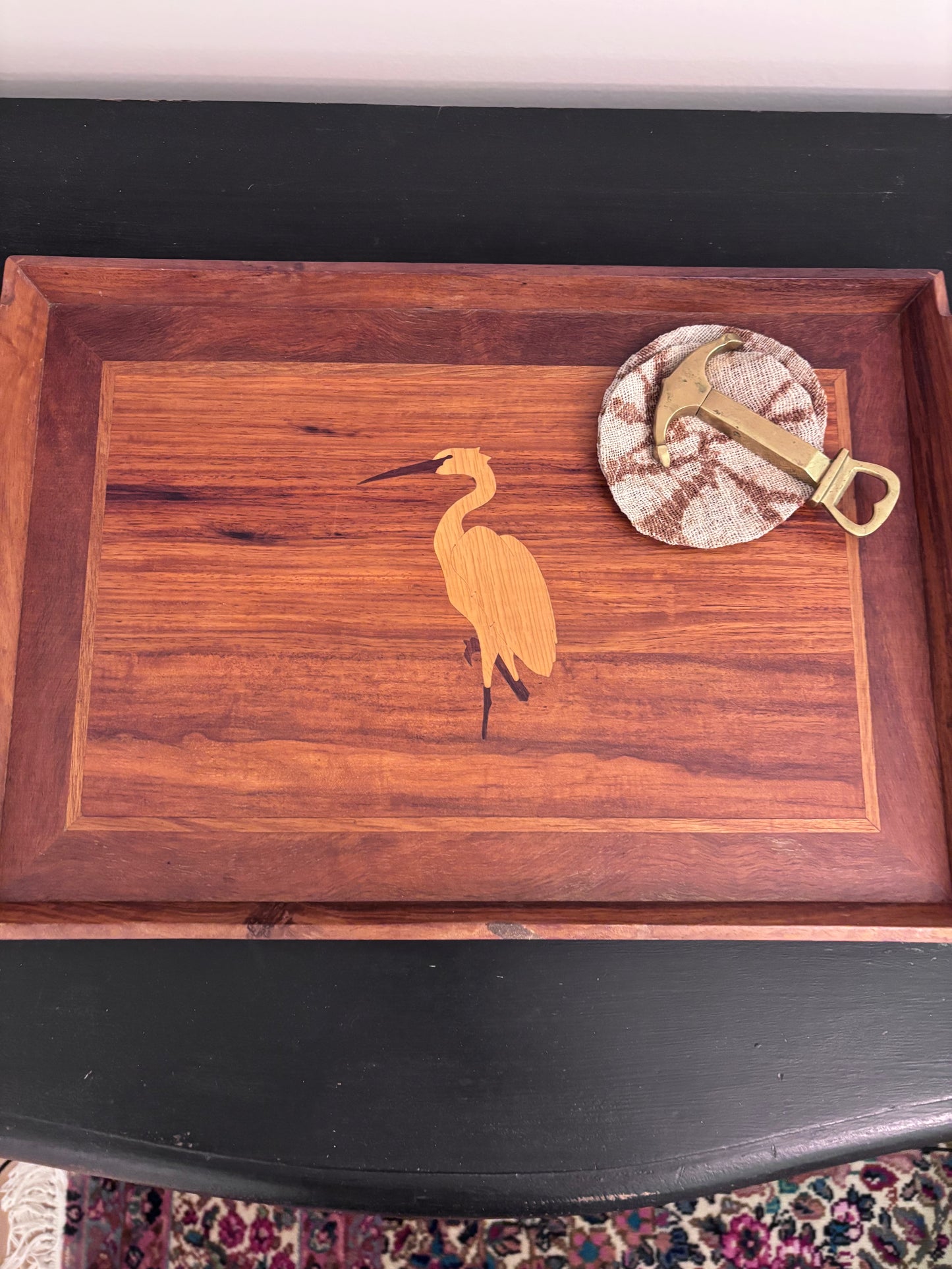 Vintage Wooden Serving Tray with Inlaid Heron