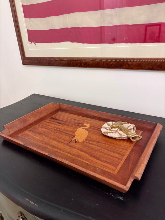 Vintage Wooden Serving Tray with Inlaid Heron