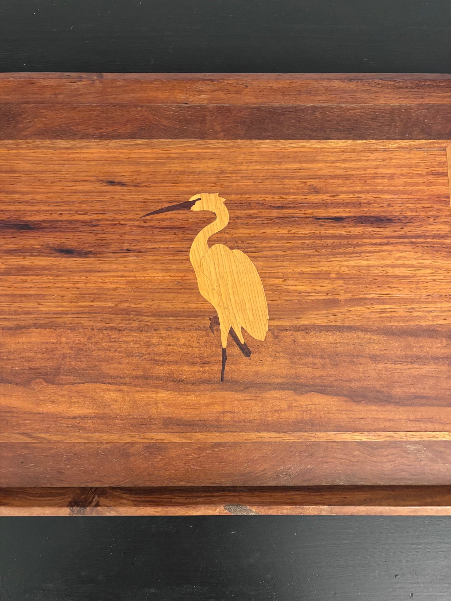 Vintage Wooden Serving Tray with Inlaid Heron