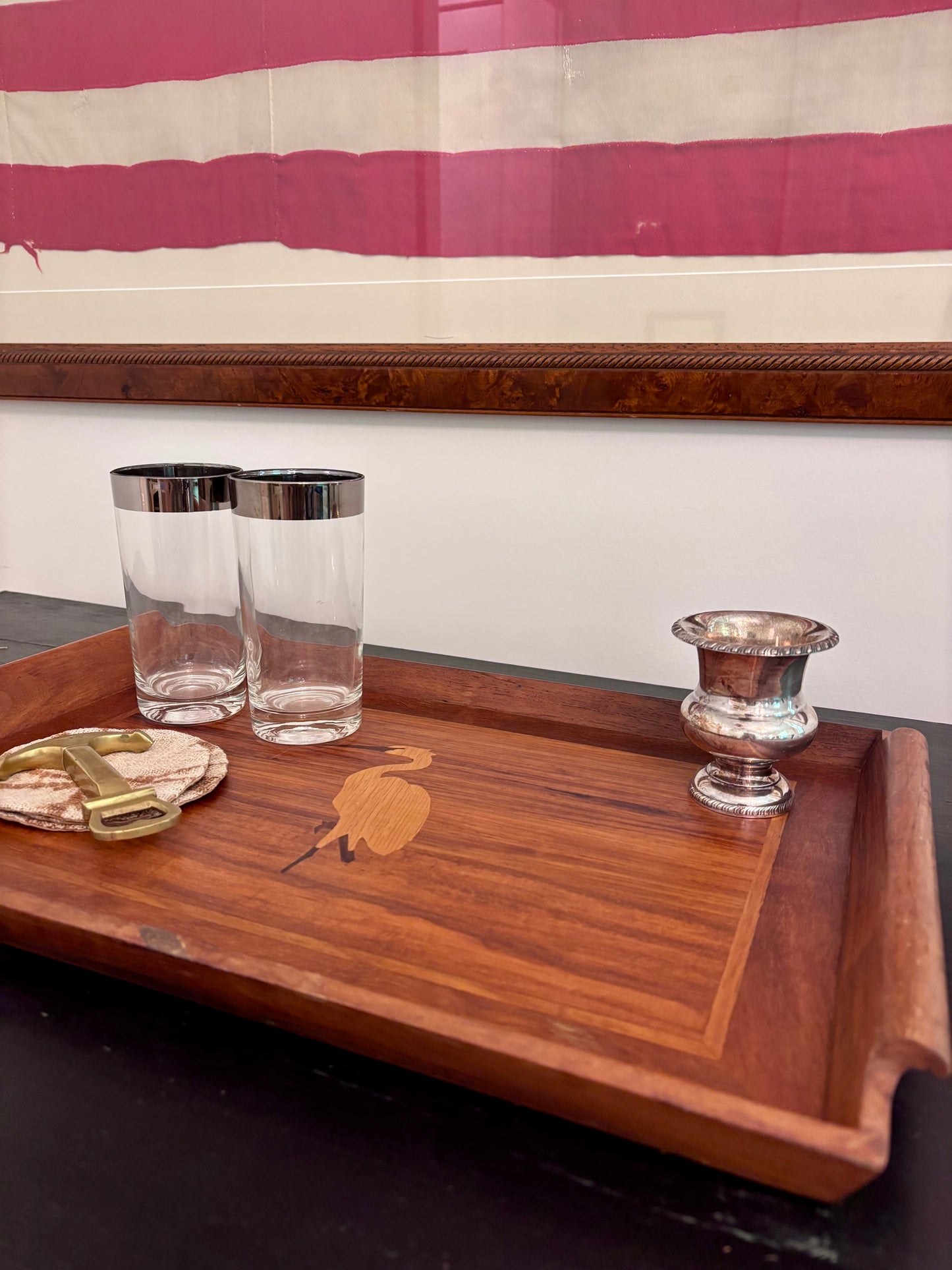 Vintage Wooden Serving Tray with Inlaid Heron