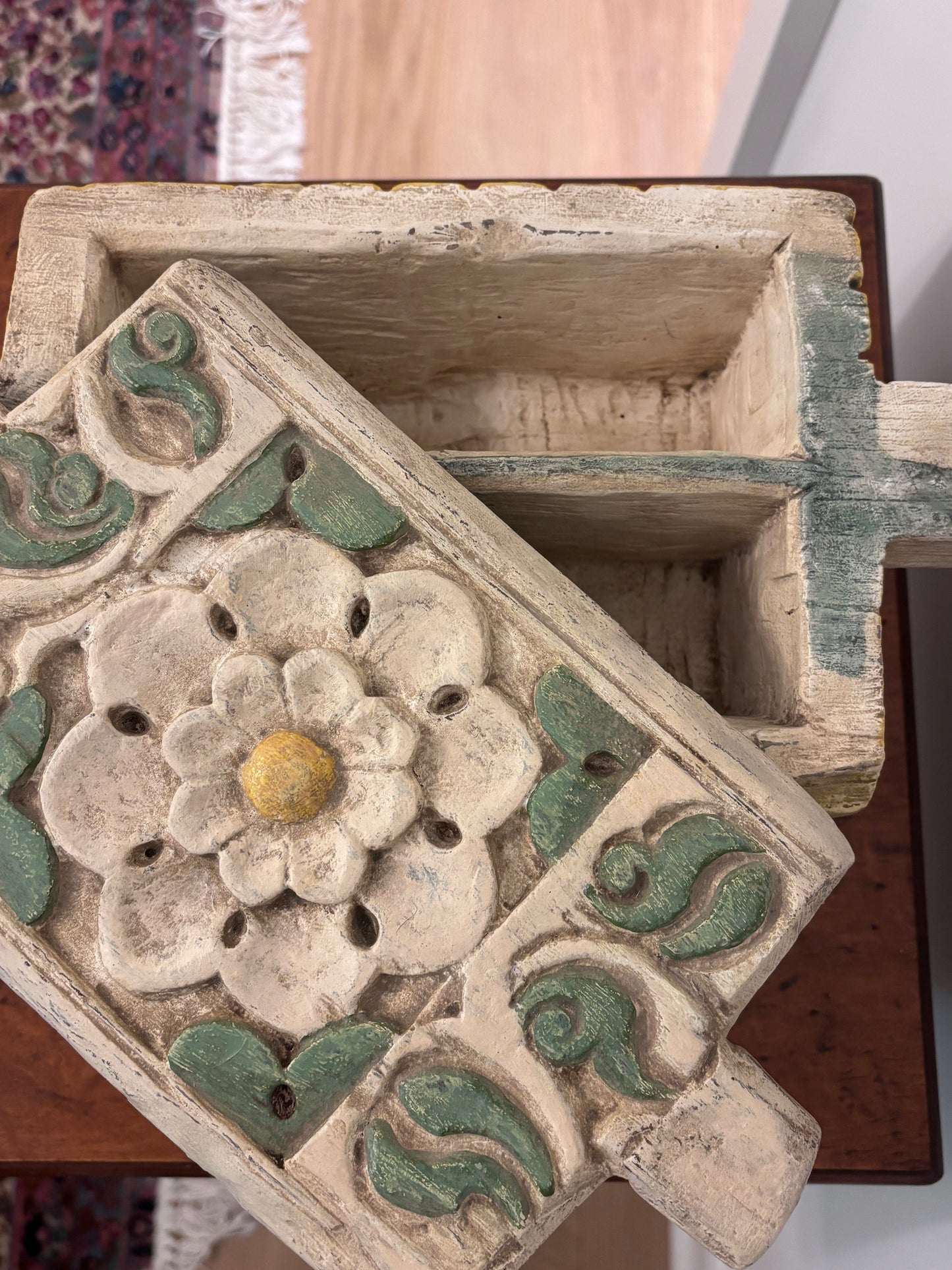 Vintage Hand-carved Box with Flower Lid