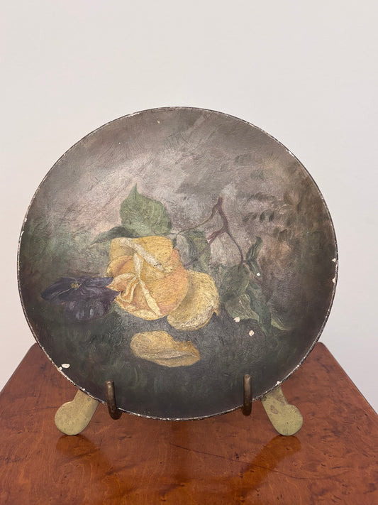 Antique Floral Oil Painting on Paper Mache Plate