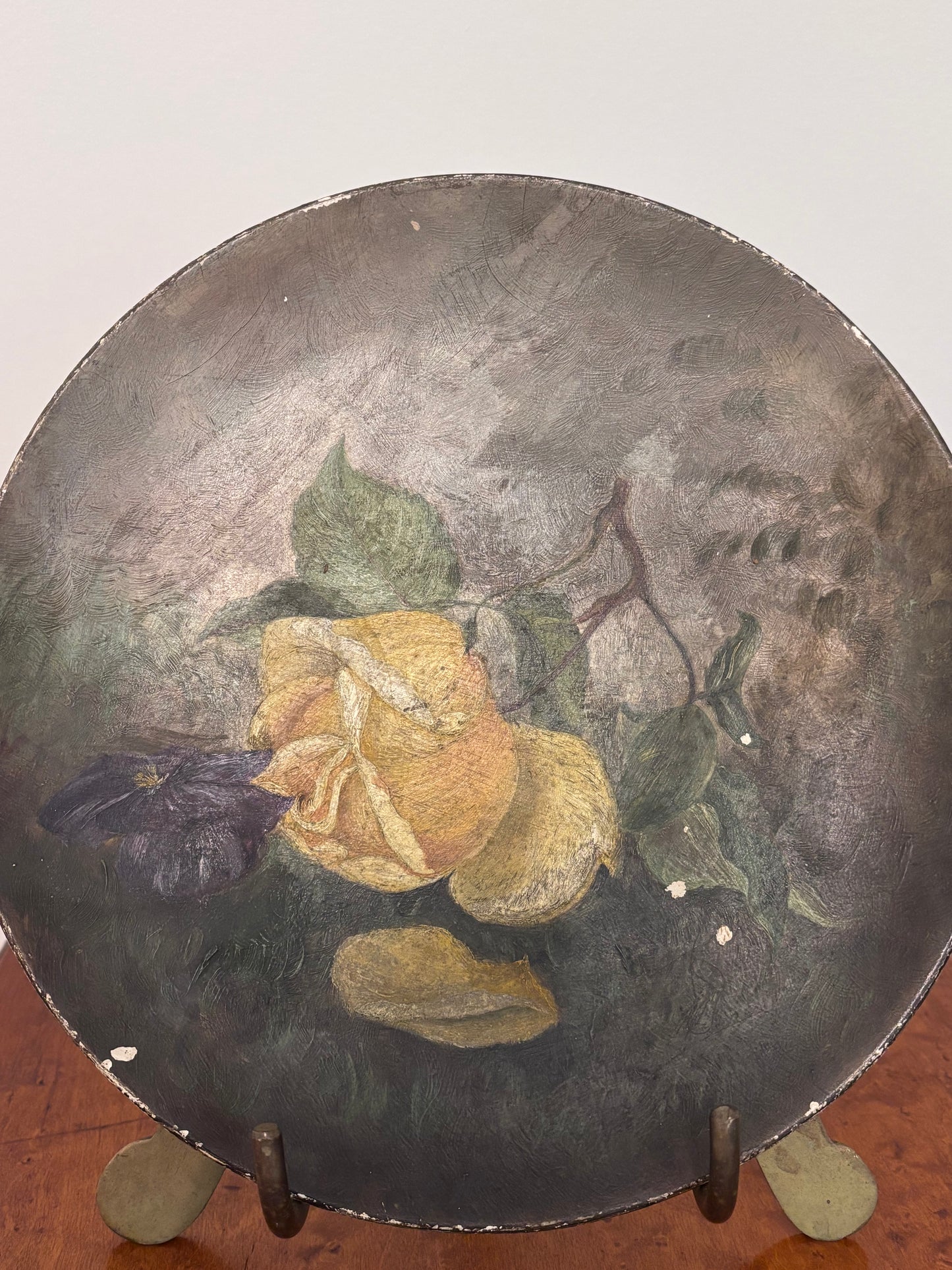 Antique Floral Oil Painting on Paper Mache Plate