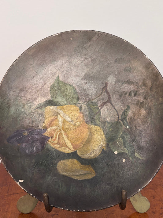 Antique Floral Oil Painting on Paper Mache Plate