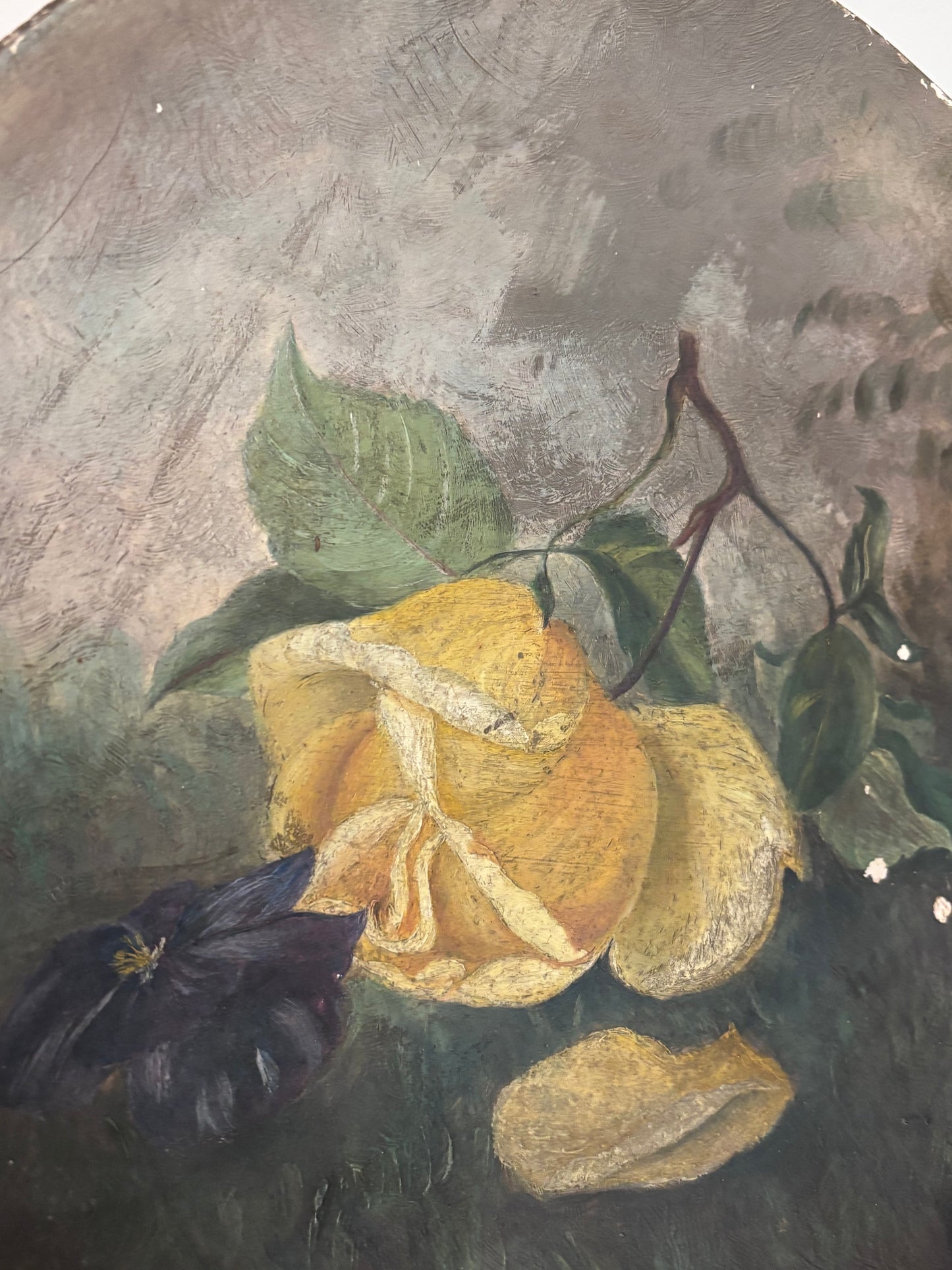 Antique Floral Oil Painting on Paper Mache Plate