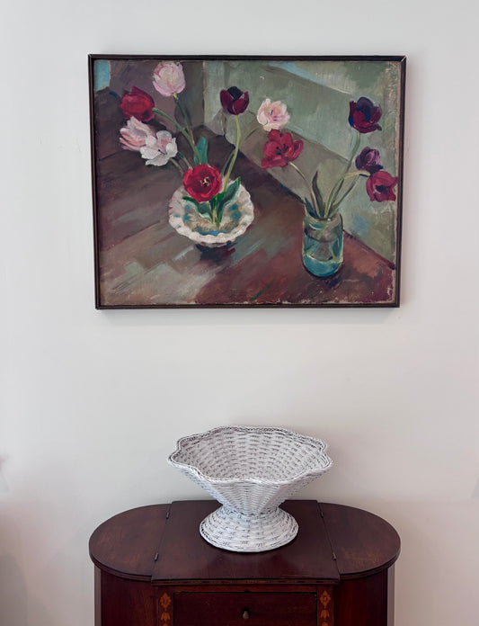 Mid-Century Oil of Two Floral Arrangements in Wooden Frame