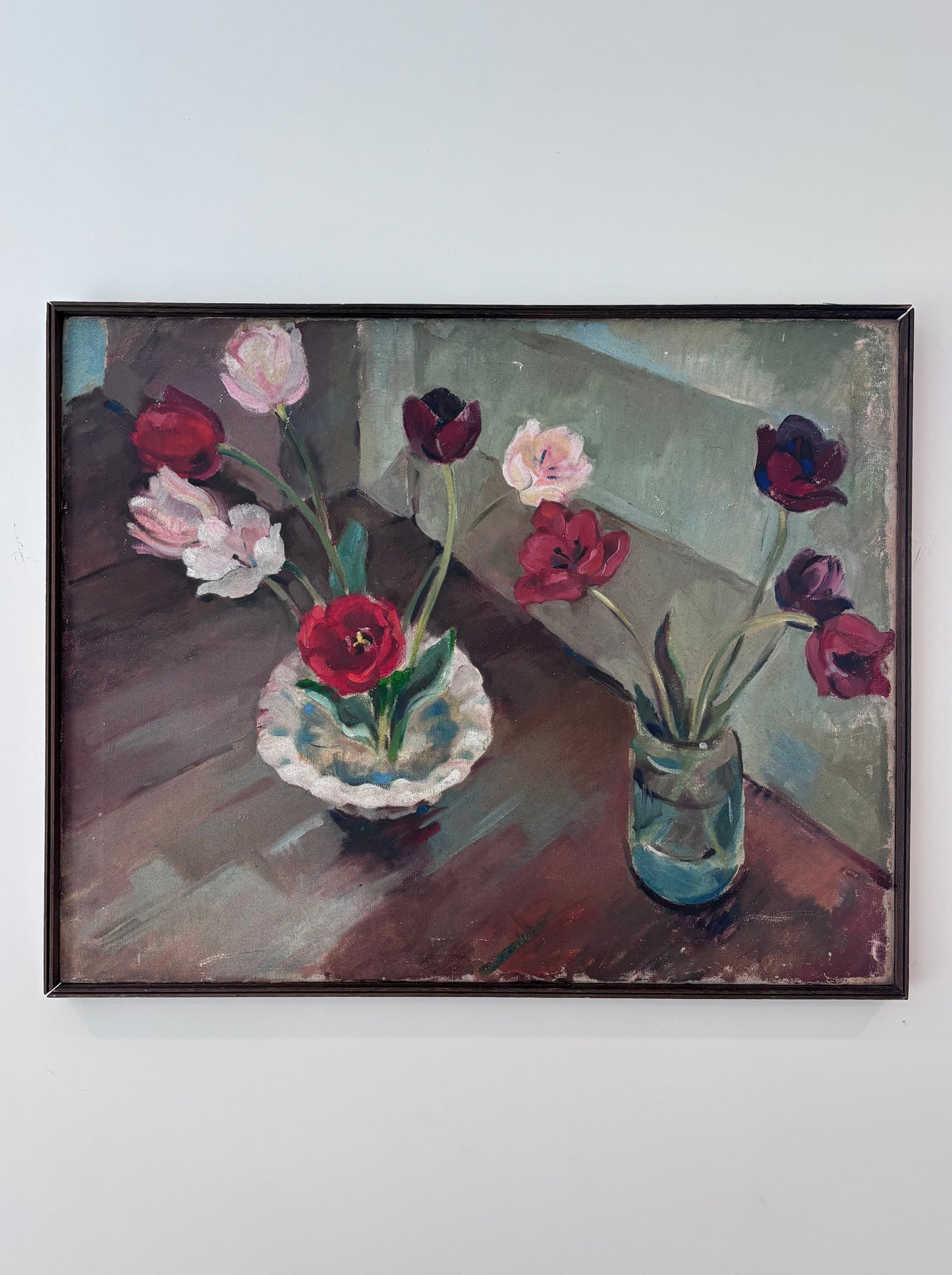 Mid-Century Oil of Two Floral Arrangements in Wooden Frame