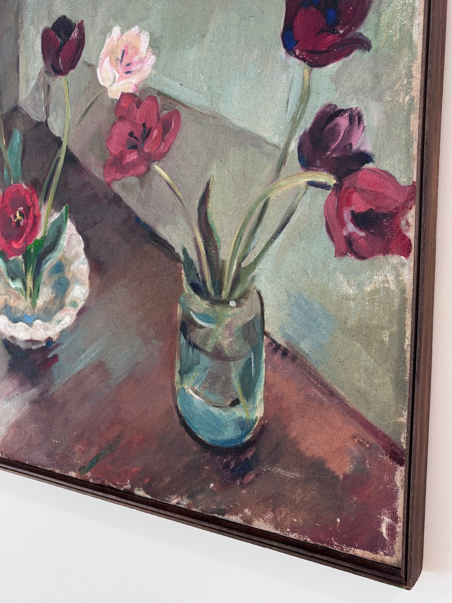 Mid-Century Oil of Two Floral Arrangements in Wooden Frame