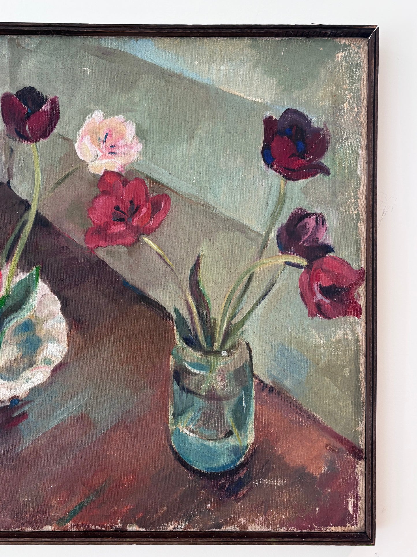 Mid-Century Oil of Two Floral Arrangements in Wooden Frame