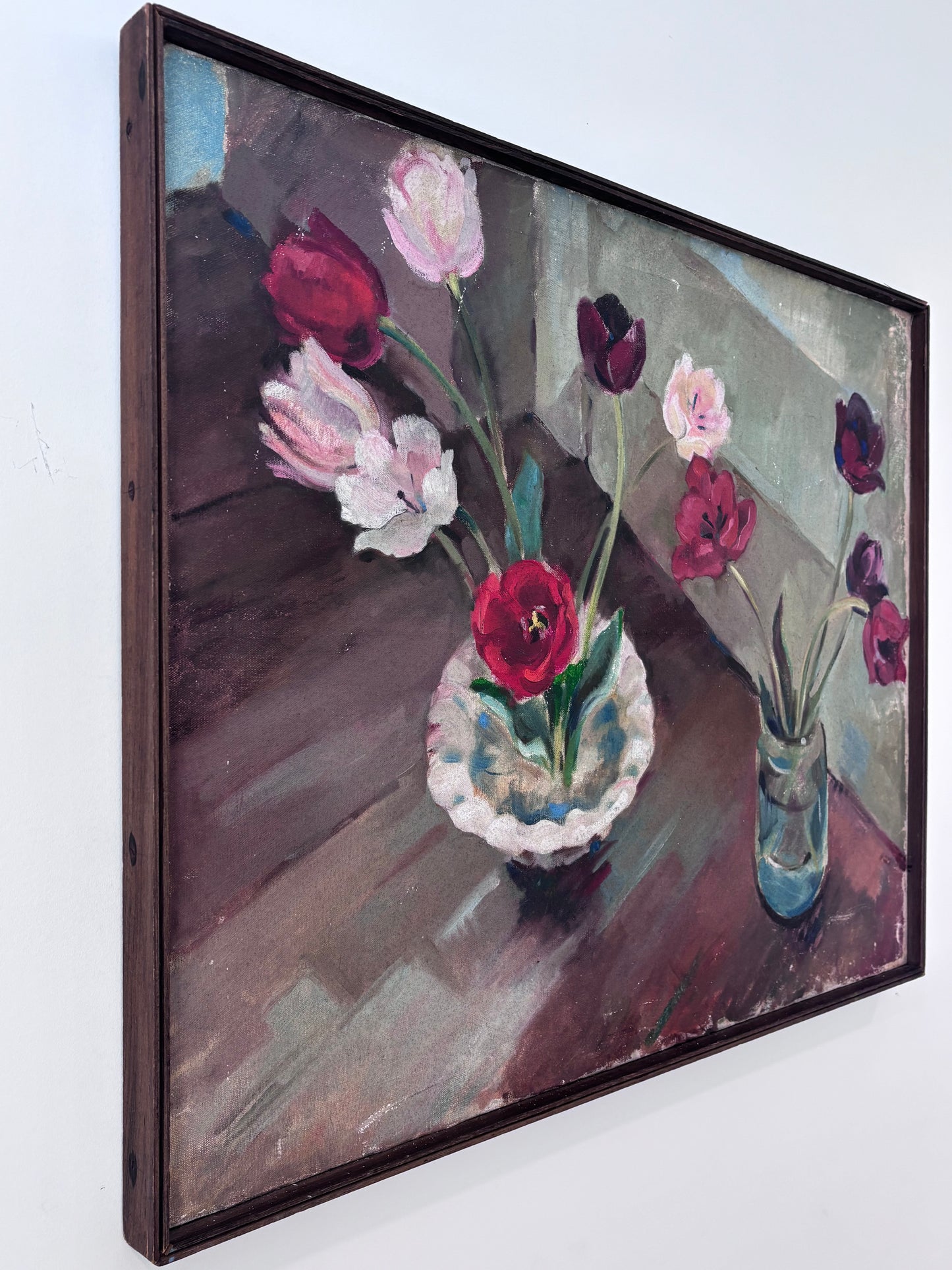 Mid-Century Oil of Two Floral Arrangements in Wooden Frame