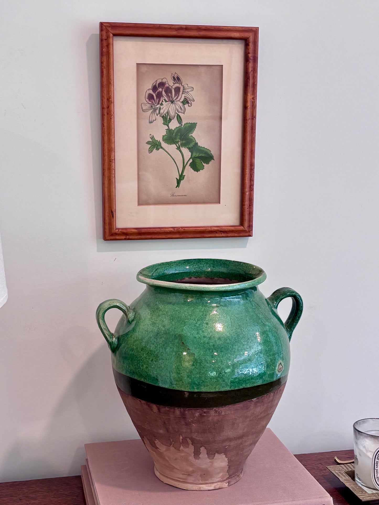 Vintage Geranium Print in Burl Wood Frame