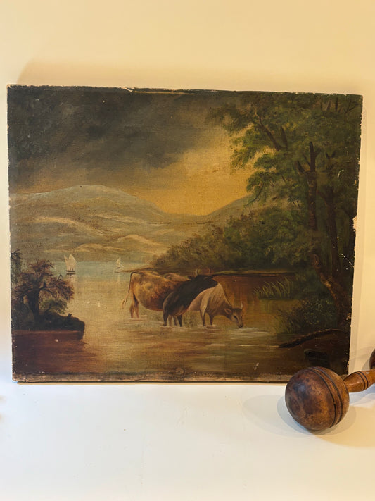 Antique European Oil on Canvas - Cattle Landscape
