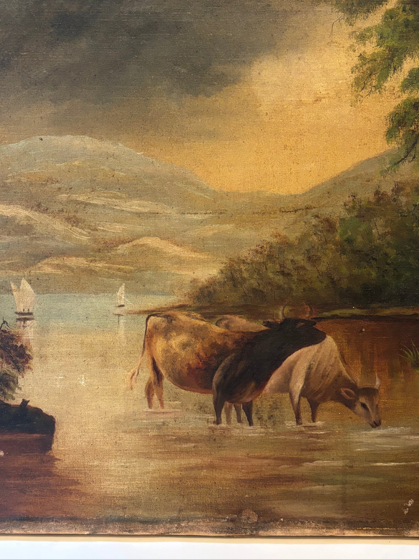 Antique European Oil on Canvas - Cattle Landscape