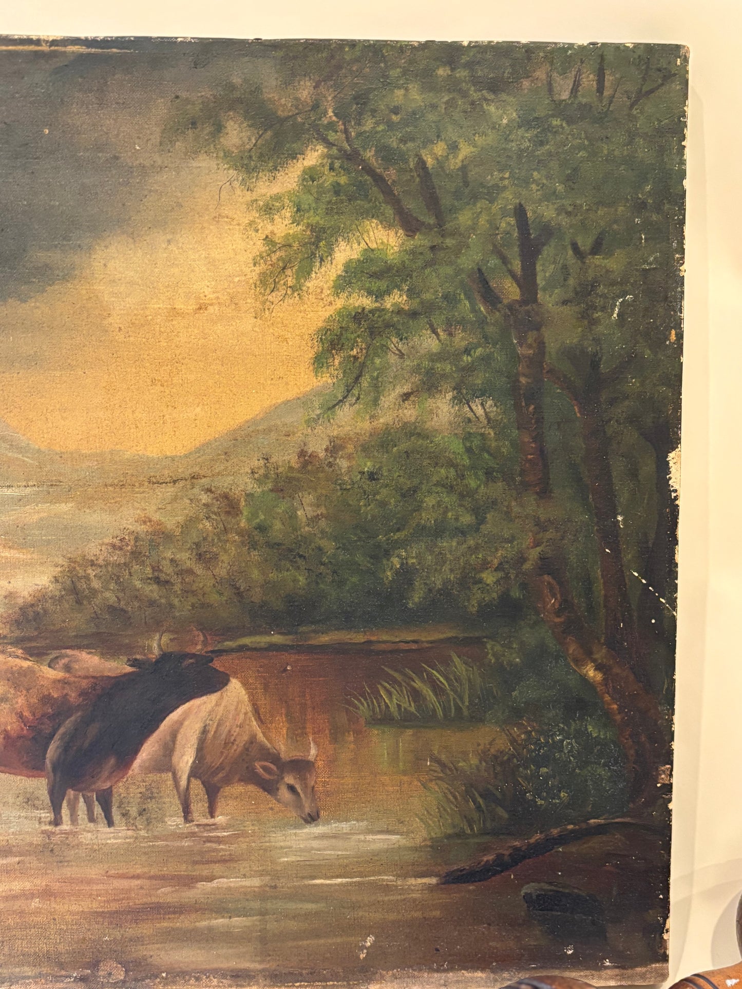 Antique European Oil on Canvas - Cattle Landscape