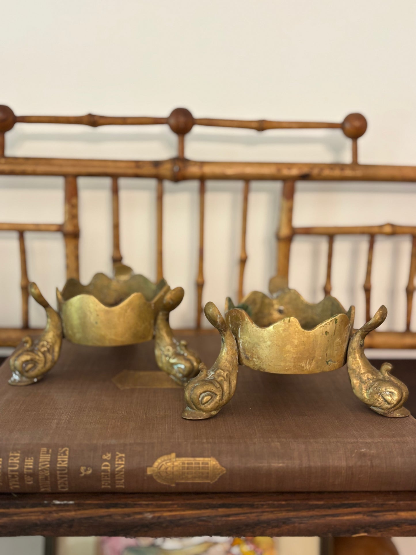 Vintage Pair of Brass Koi Fish Candle Holders