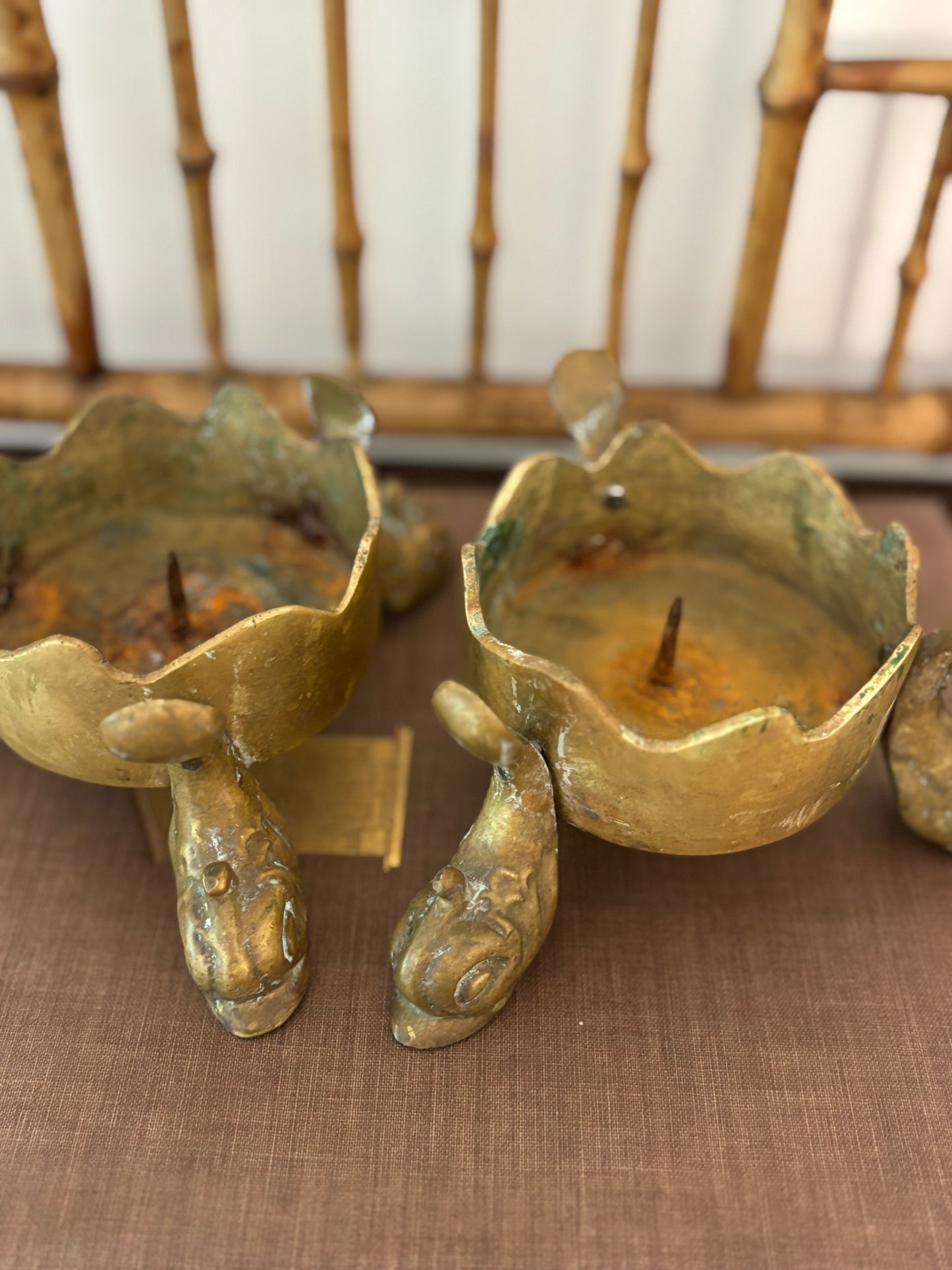 Vintage Pair of Brass Koi Fish Candle Holders