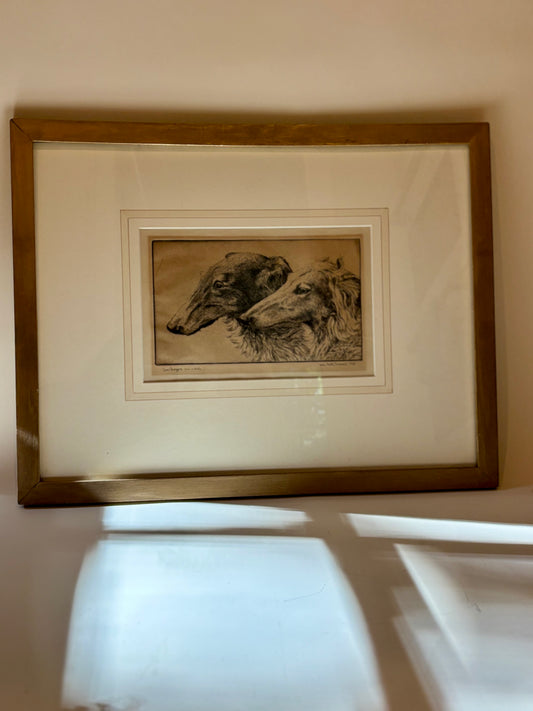 Vintage Framed Etching "Two Borzois" 1933