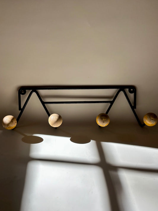 Vintage MCM Roger Feraud Metal and Wood Ball Wall Coat Rack