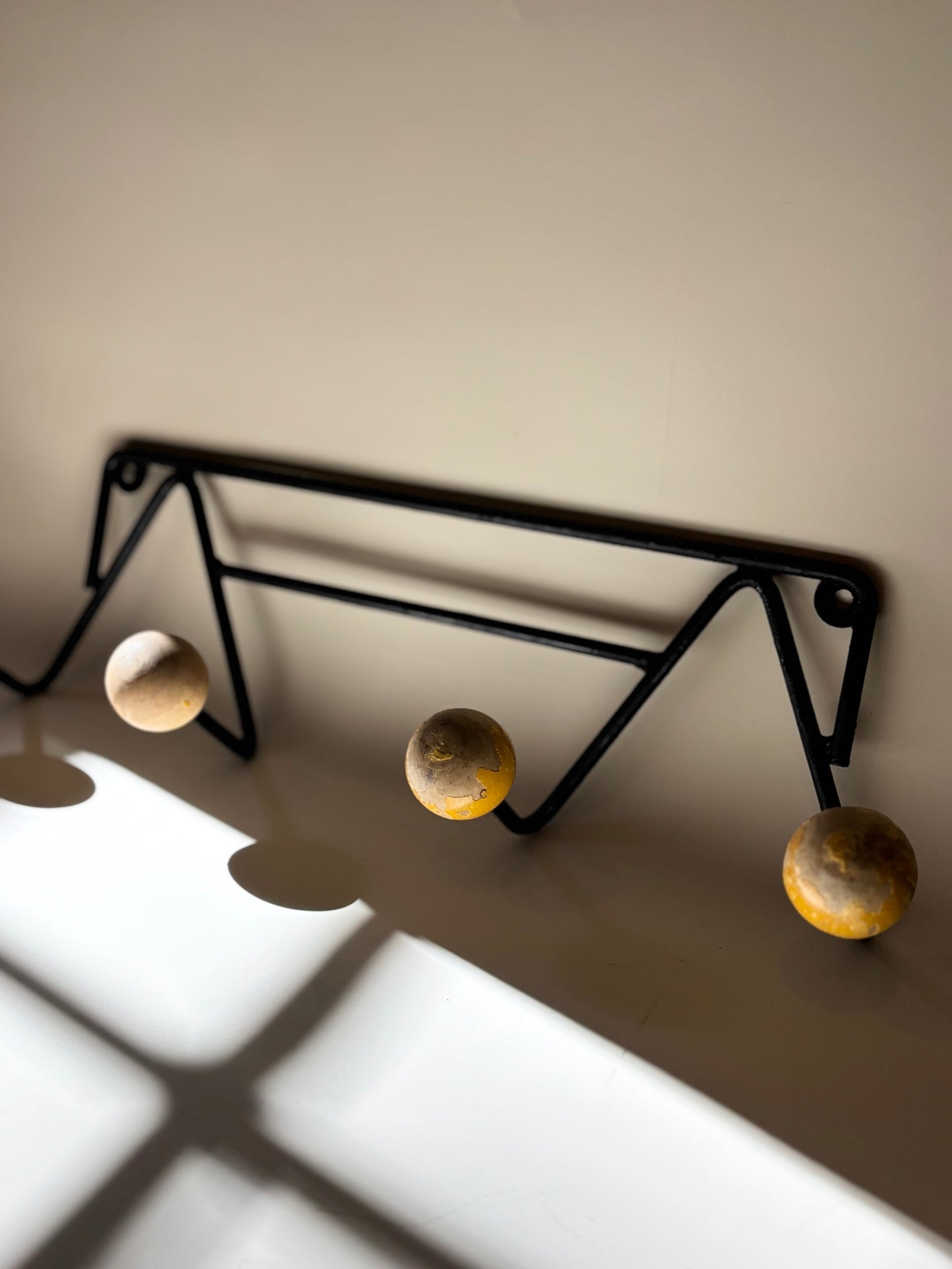 Vintage MCM Roger Feraud Metal and Wood Ball Wall Coat Rack