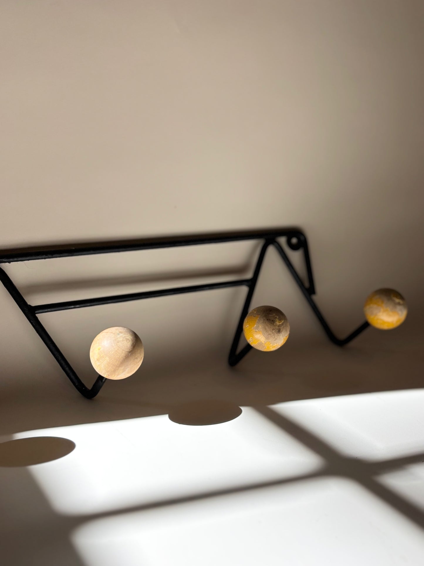 Vintage MCM Roger Feraud Metal and Wood Ball Wall Coat Rack