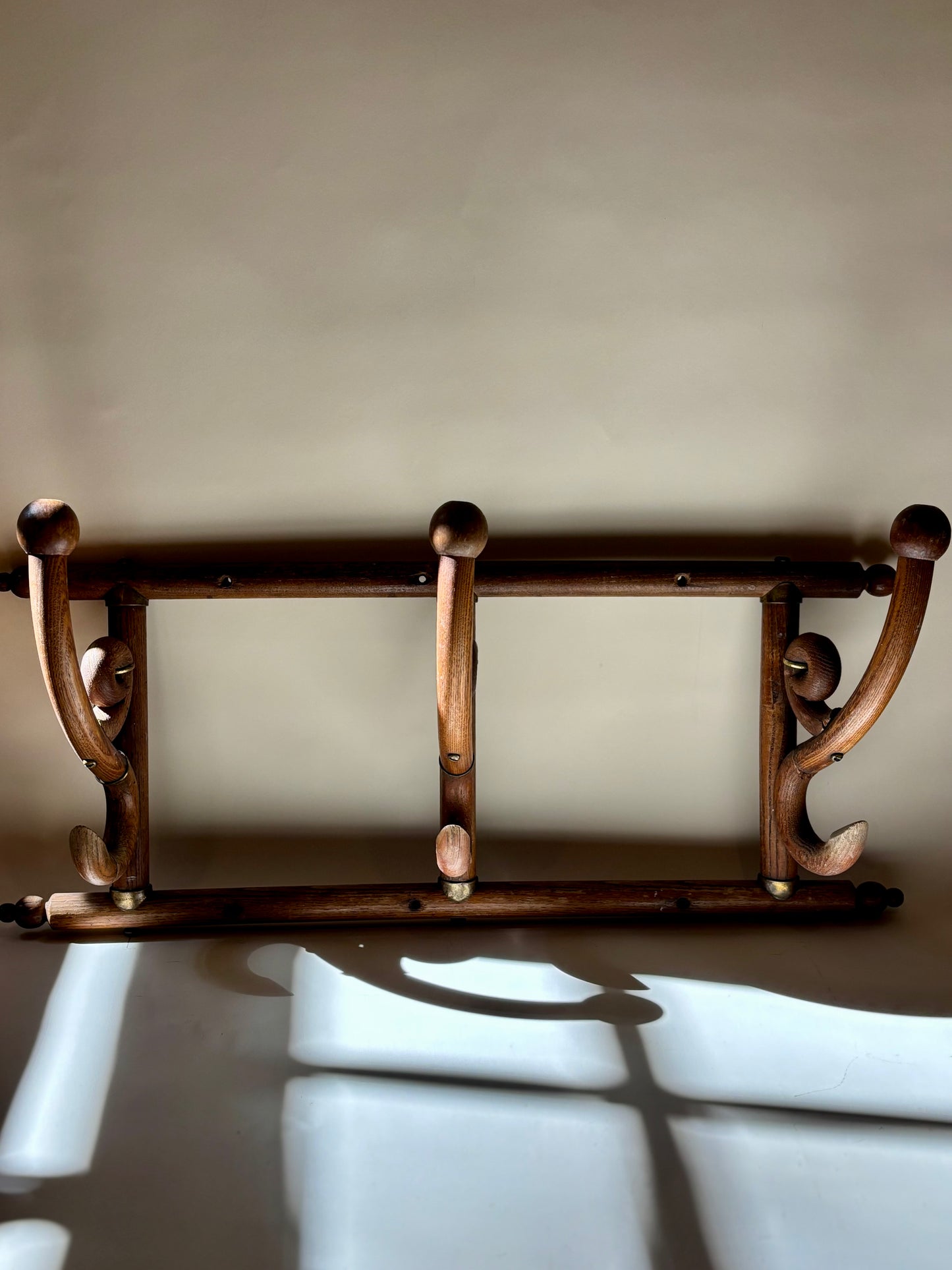 Antique Oak and Brass Hat/Coat Rack