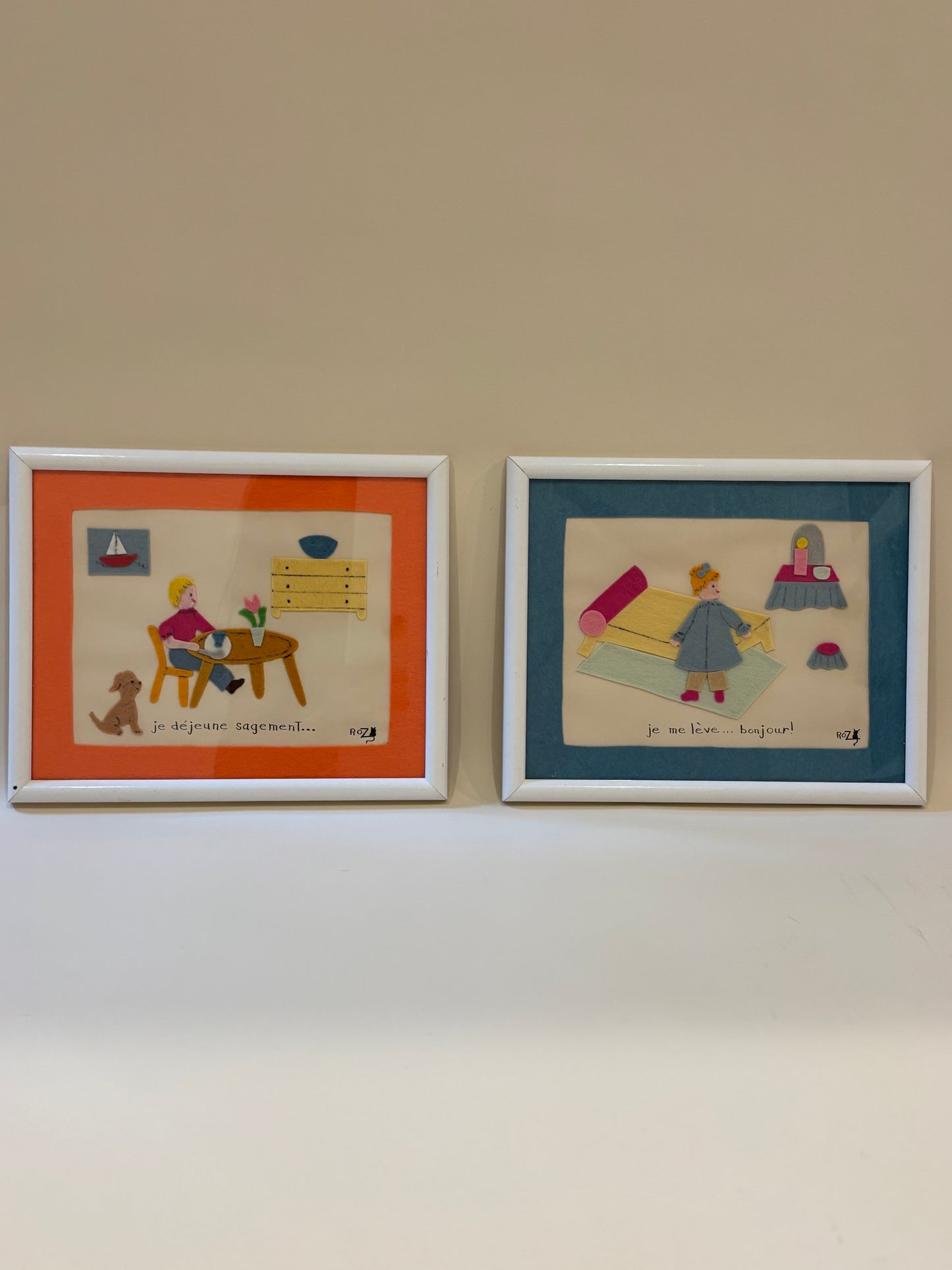 Vintage Felt Art "je me lève...bonjour!"