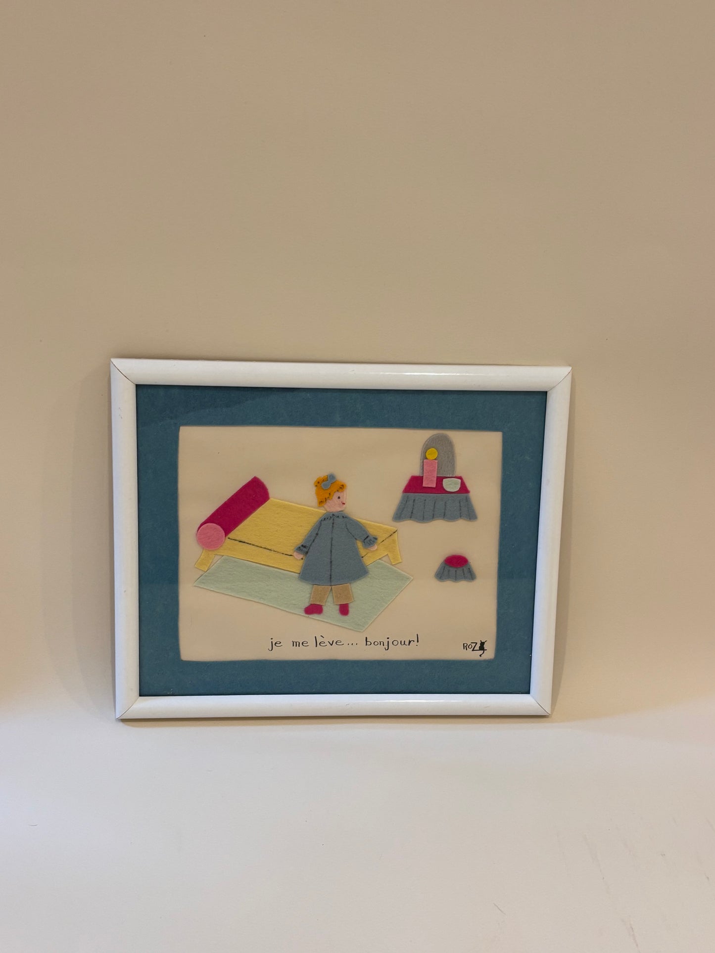 Vintage Felt Art "je me lève...bonjour!"