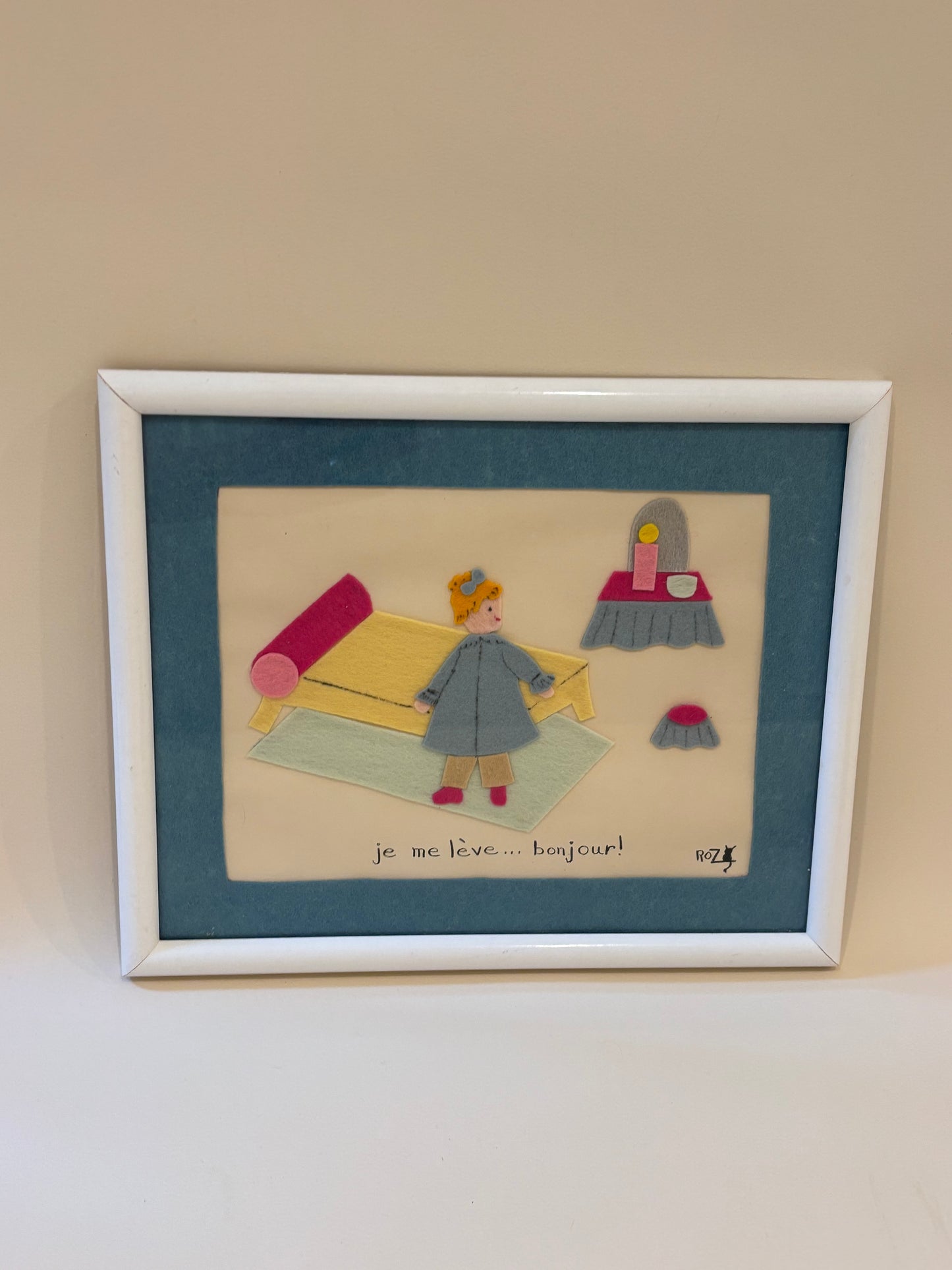 Vintage Felt Art "je me lève...bonjour!"