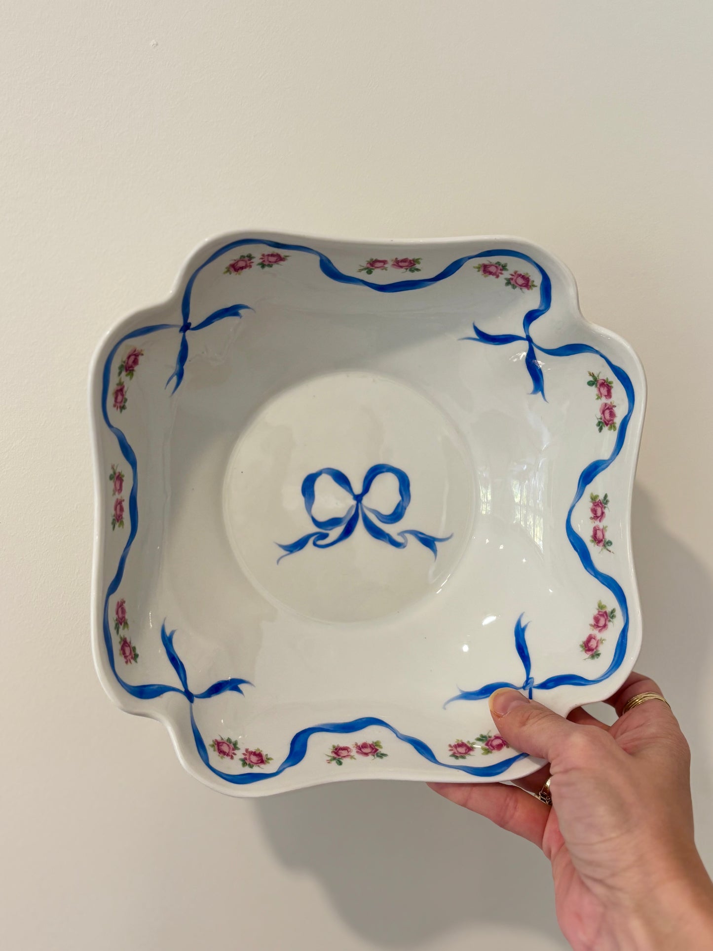 Vintage French Hand-painted Bow and Rose Bowl