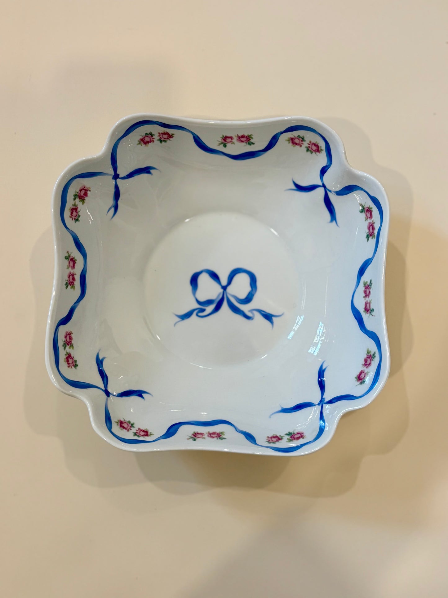 Vintage French Hand-painted Bow and Rose Bowl