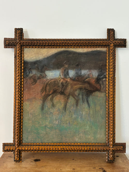 Mid-century Pastel Painting in Antique Tramp Art Frame