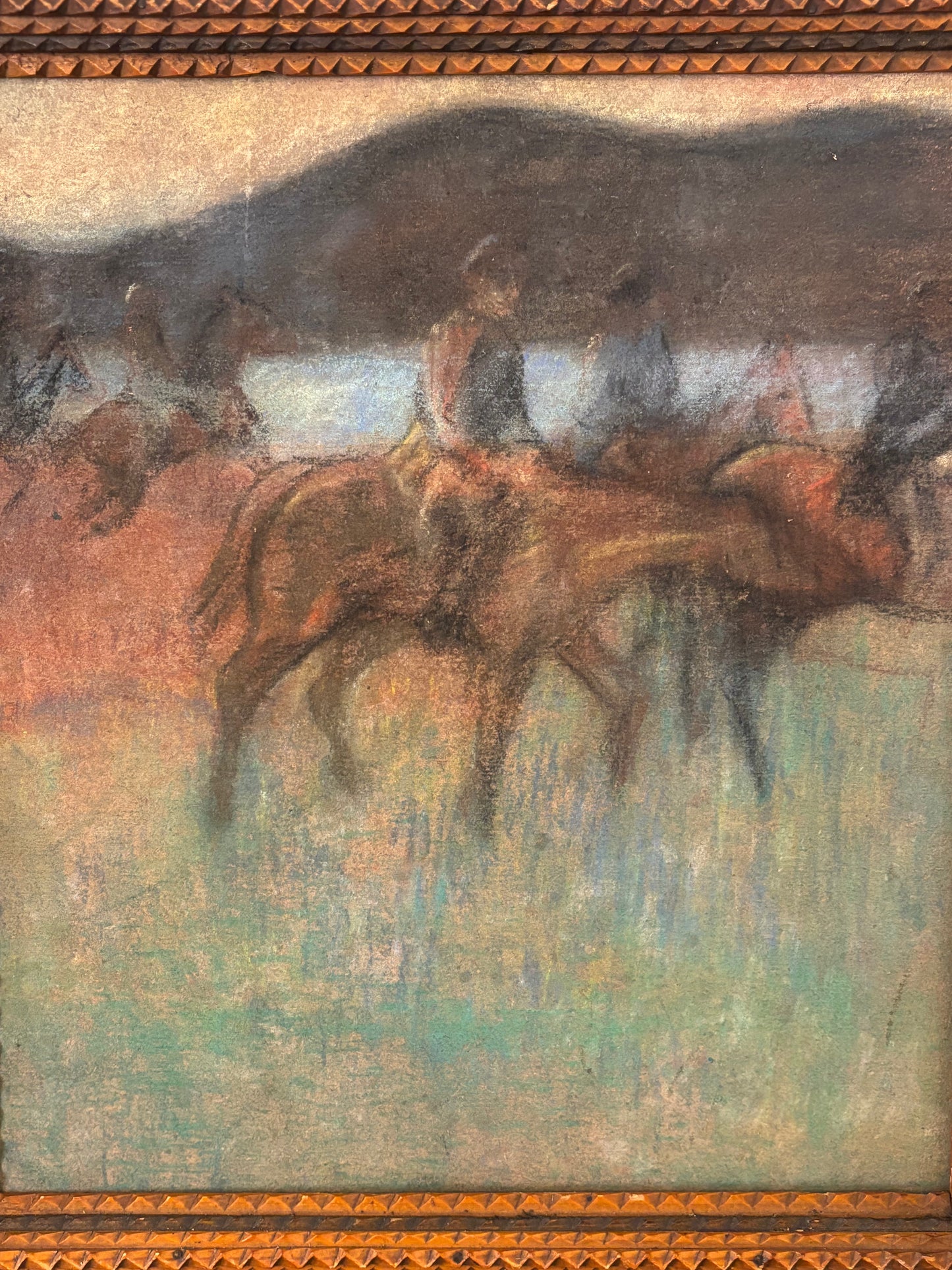 Mid-century Pastel Painting in Antique Tramp Art Frame