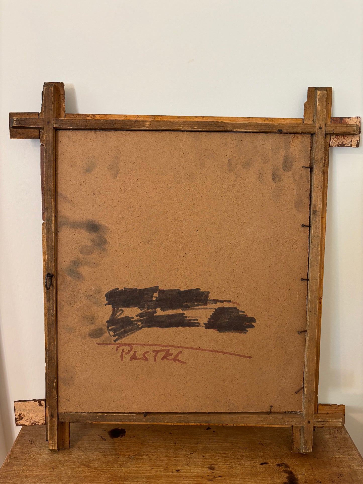 Mid-century Pastel Painting in Antique Tramp Art Frame