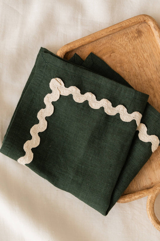 Linen Natural Lace Trim Green Napkin / Set of 2